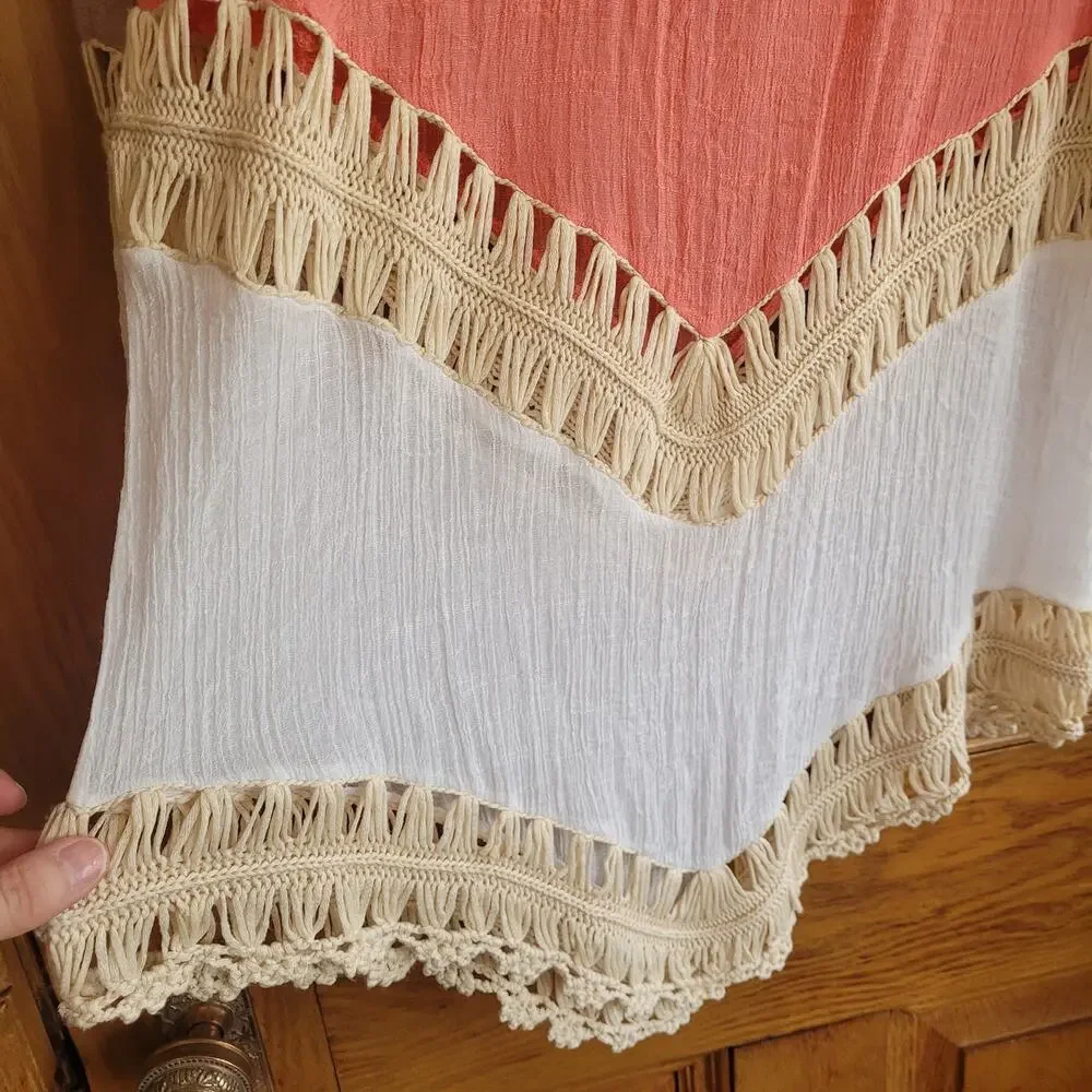 Arianna Coral White Crochet Poncho Top Fringe Boho Beach Cover Up S/M Festival - Picture 7 of 10